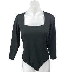 Free People Black Long Sleeve Square Neck Thong One Piece Bodysuit Top Size L